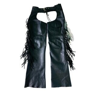 MOB Leather Motorcycle Biker Chaps Black Fringe Zip Adjustable Pocket (Size S)